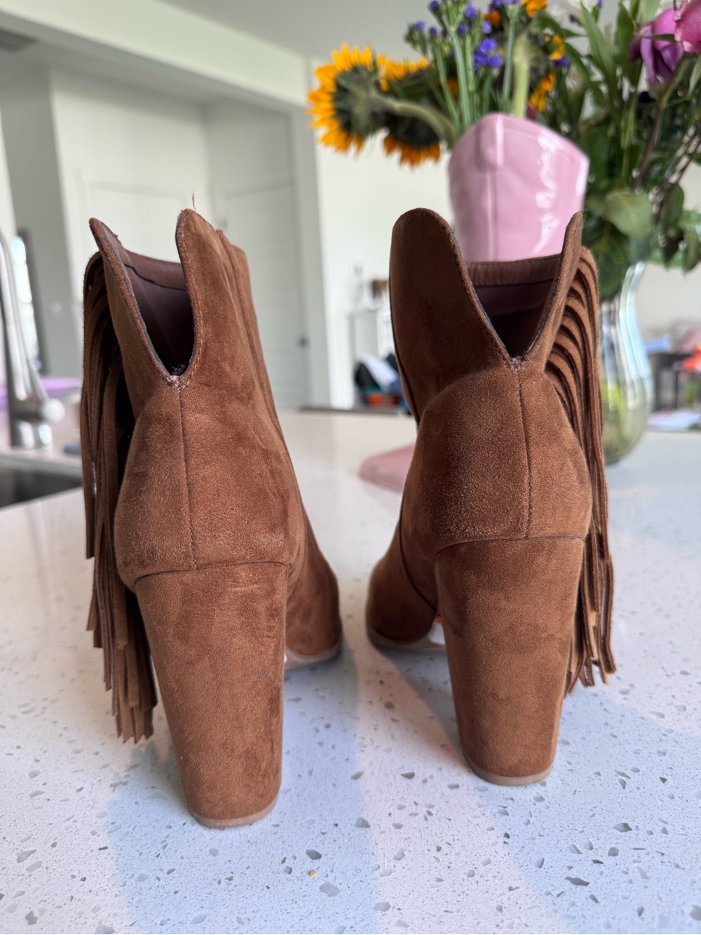 DV by Dolce Vita Brown Suede Fringe Peep-Toe Wedge Booties - Picture 4 of 5